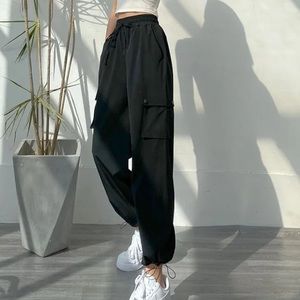 Black High-Waist Cargo parachute joggers with drawstring cuffs